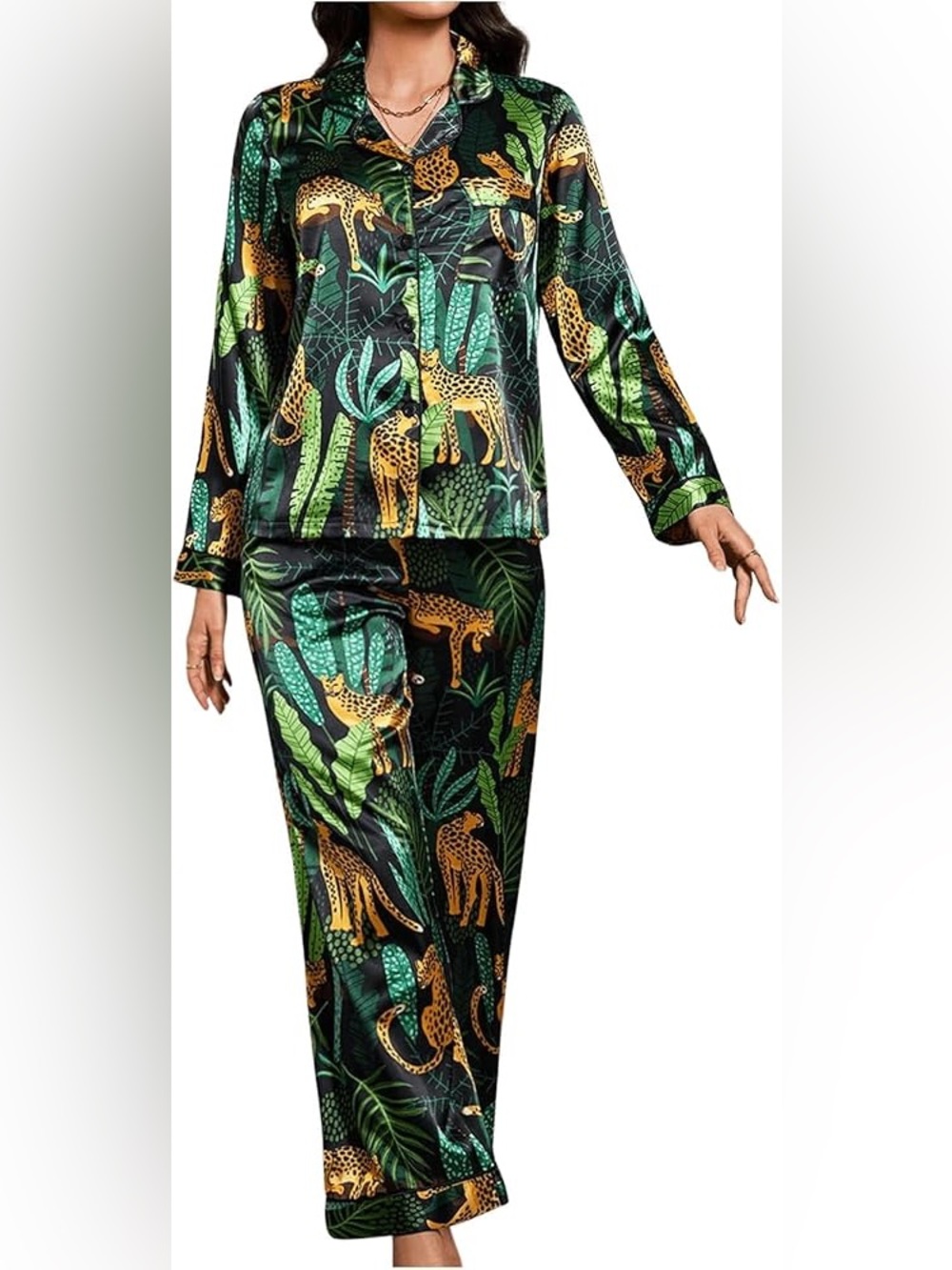 NWOT Green & Black Jungle Leopard Print Pajama Set Large Pants & Shirt Soft